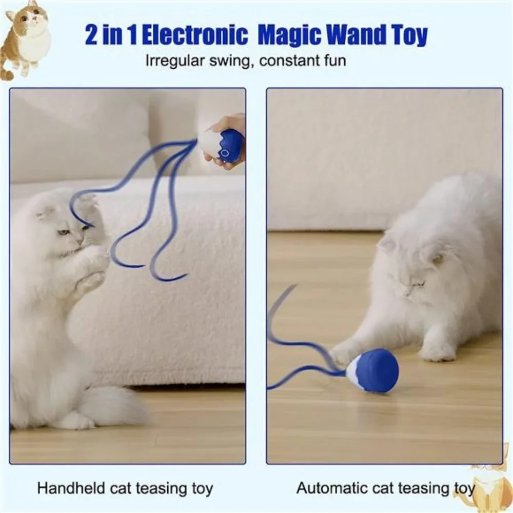 Cat Wand Toy, Automatic Silicone Tail Teaser Toy 2in1,Electronic Interactive Toy